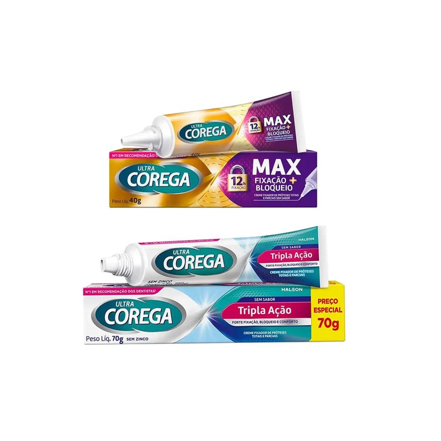 Creme Kit Fixador de Dentadura Corega Ultra Tripla Ação Sem Sabor 70g + Max Fixação 40g
