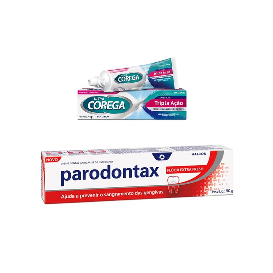 Creme Kit Fixador de Dentadura Ultra Corega Tripla Ação Sem Sabor 40g + Creme Dental Parodontax Flúor Extra Fresh 90g