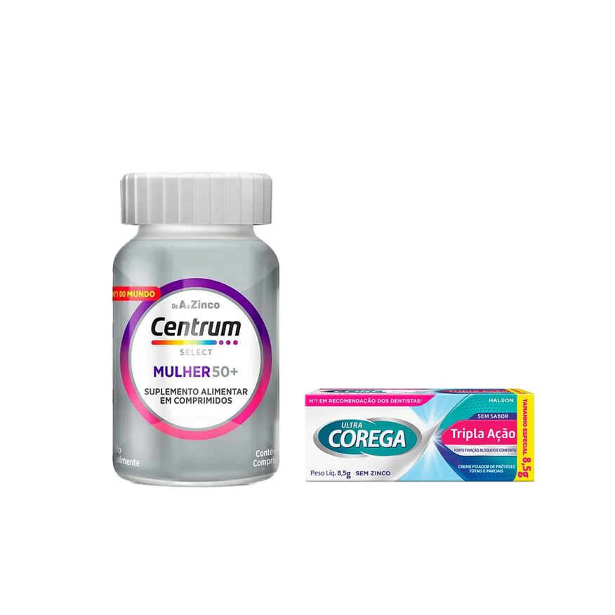 Centrum Kit Creme Fixador de Dentadura Ultra Corega Tripla Ação Sem Sabor 8,5g + Polivitamínico Select Mulher 50+ 60 comprimidos