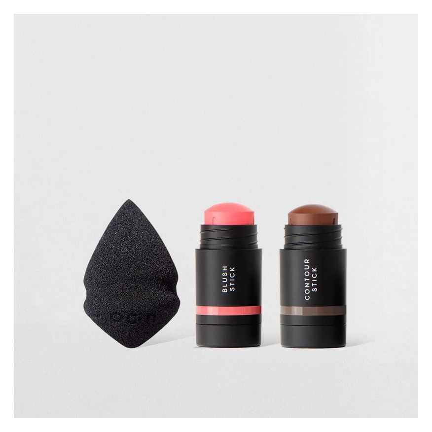 Océane Kit Mini Blush em Bastão Rosa + Mini Contorno em Bastão Marrom Escuro + Mini Esponja de Maquiagem Edition (3 Produtos)