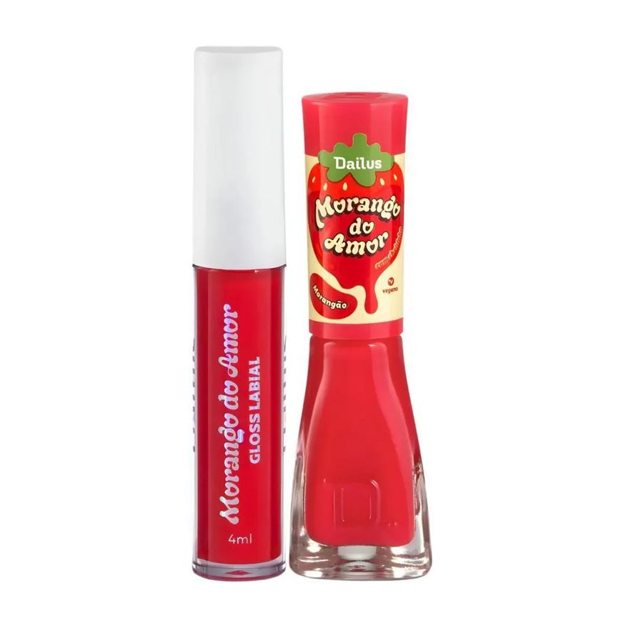 Dailus Kit Morango do Amor Morangão: Gloss Labial 4ml e Esmalte Cremoso 8ml