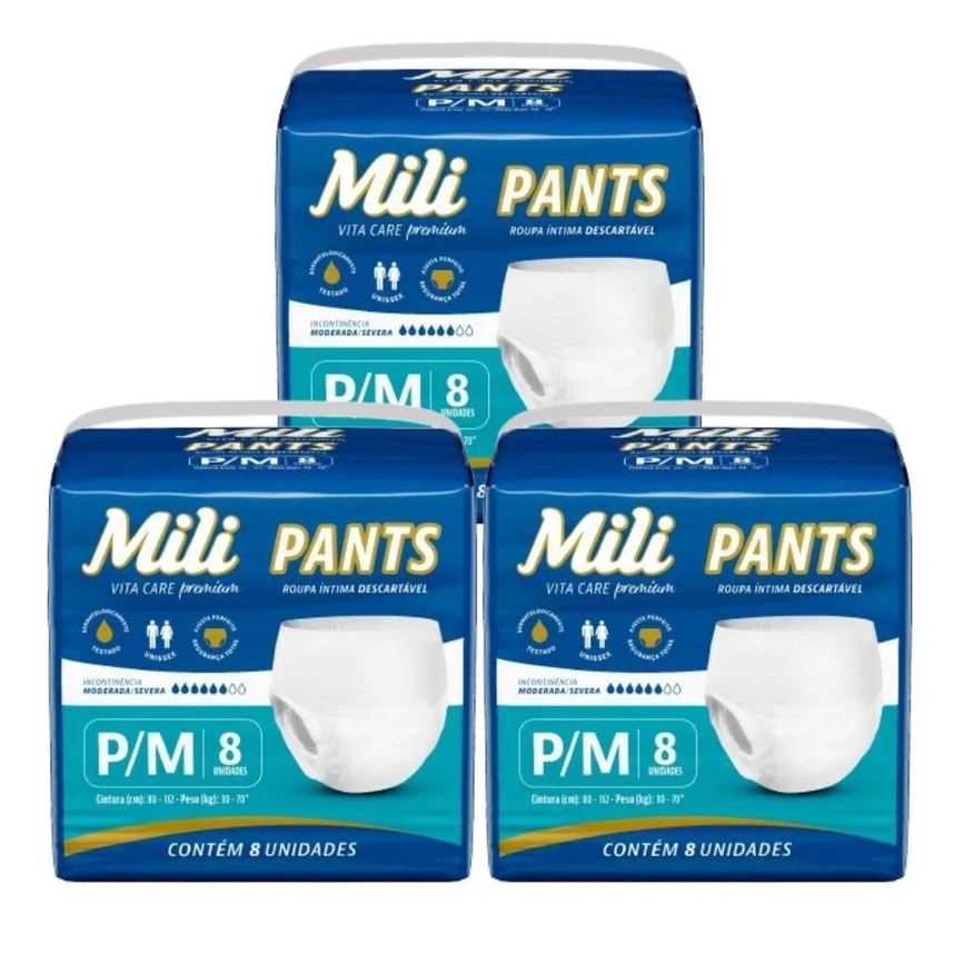 Mili Fralda Pants Adulto Vita Care Tam P/M Premium 3 Pacotes com 8 (Total 16)