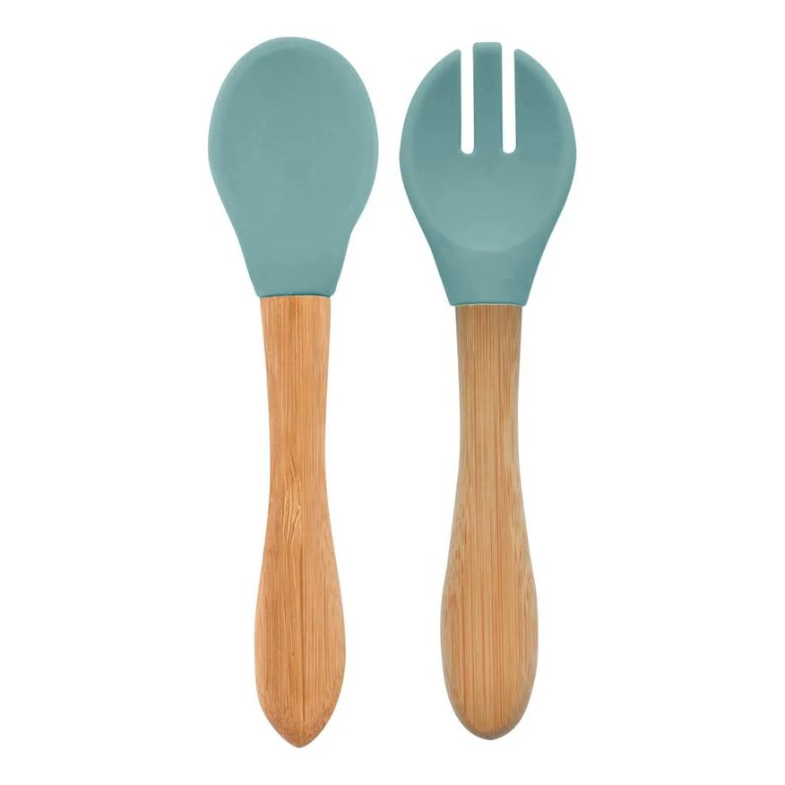 Minikoioi Colher e Garfo Silicone e Bambu Dig In Aqua Green