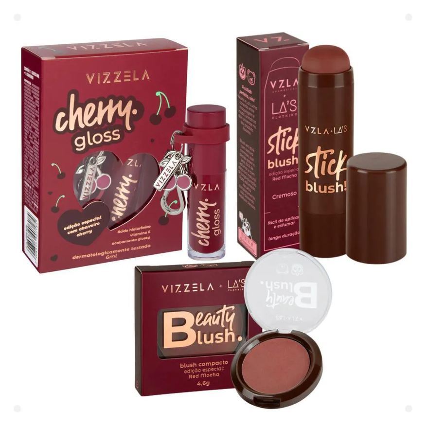 Vizzela Kit Vizzela: Gloss Cherry + Blush Stick e Compacto La's Clothing Red Mocha