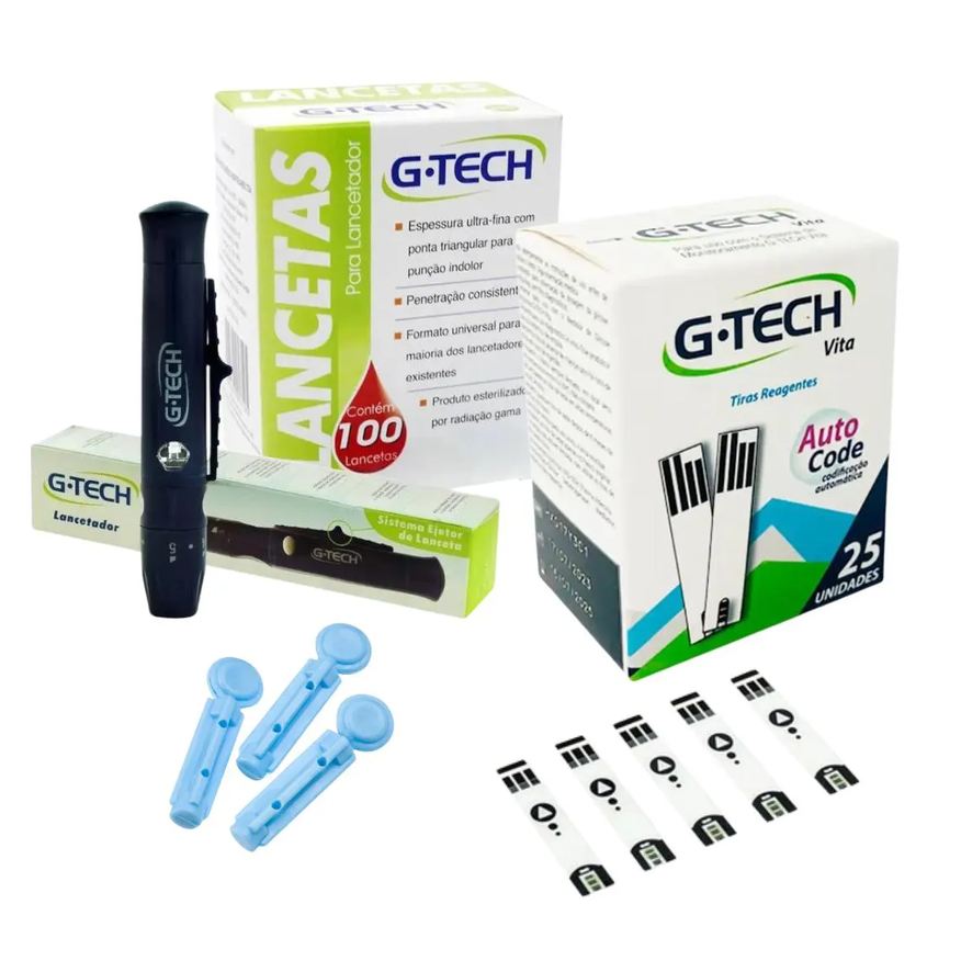 G-Tech Kit 100 Lanceta + Caneta Lancetadora + 50 Tira Reagente Vita