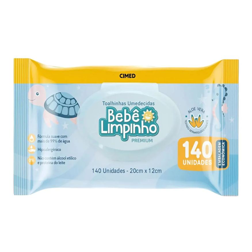 Cimed Toalhas Umedecidas 140 Unidades Bebê Limpinho Lenço sem Álcool Aloe Vera
