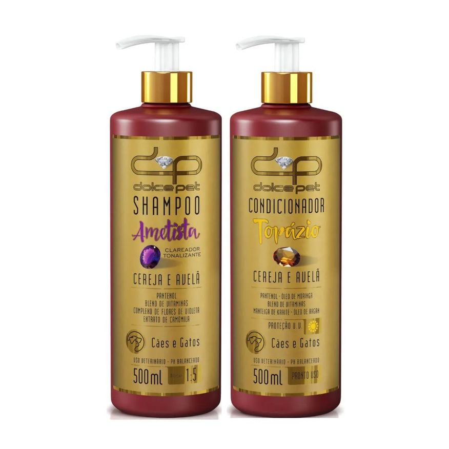 Dolce Kit Pet Shampoo Clareador Tonalizante + Condicionador Topázio Cereja e Avelã para Cães e Gatos 500ml