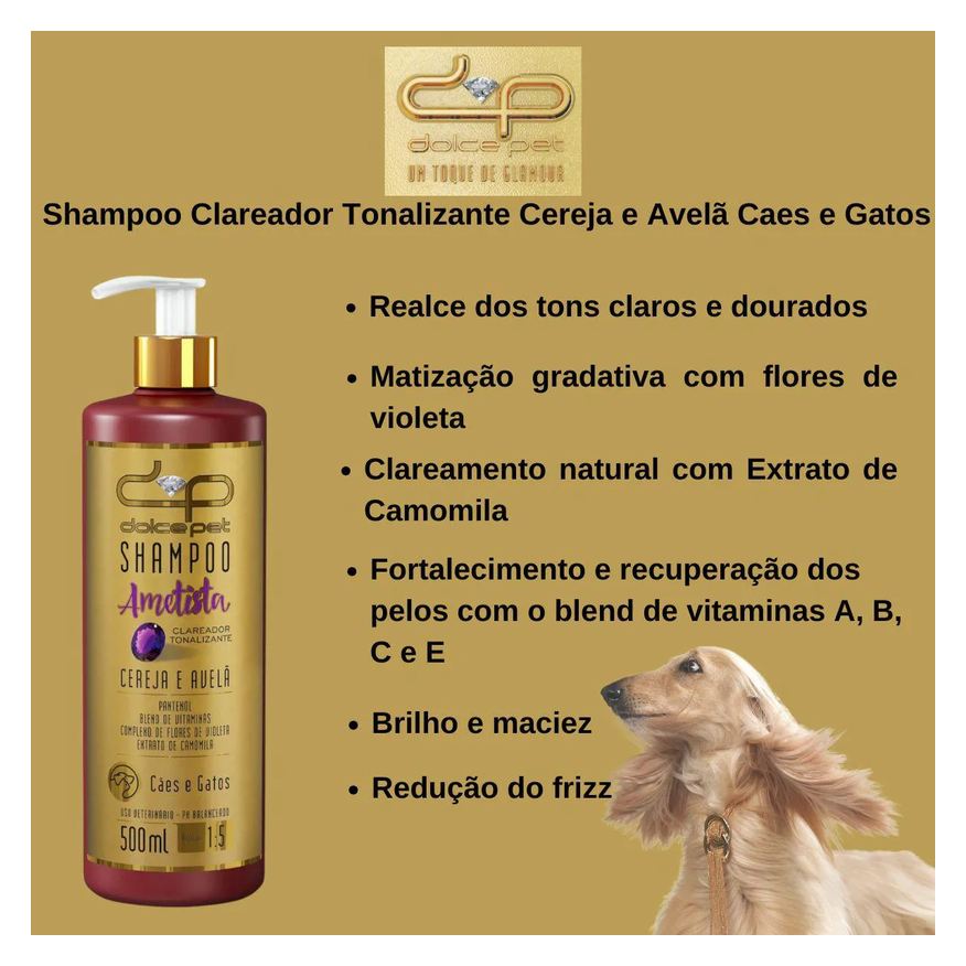 Dolce Kit Pet Shampoo Clareador Tonalizante + Condicionador Topázio Cereja e Avelã para Cães e Gatos 500ml