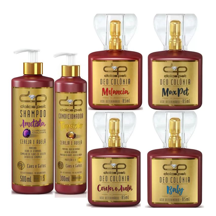 Dolce Kit Pet Shampoo Clareador Tonalizante + Condicionador Topázio + Deo Colônias Cereja e Avelã Cães e Gatos