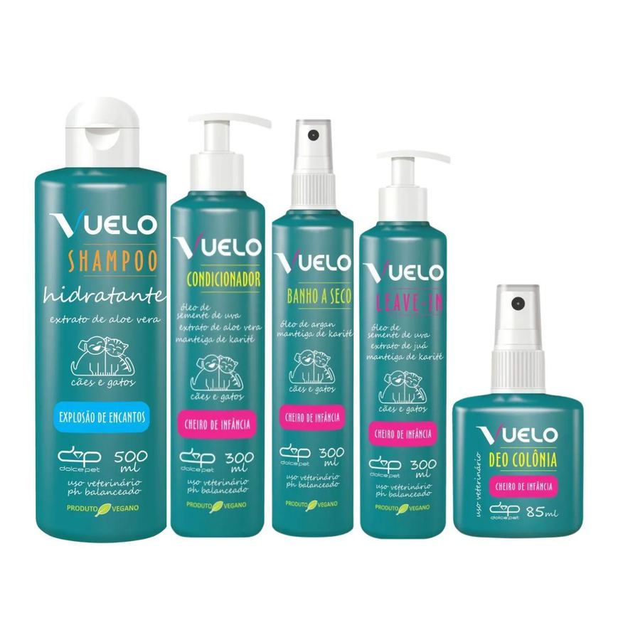 Dolce Pet Kit Shampoo Hidratante + Condicionador + Banho Á Seco +Leave-In+Deo Colônia Cheiro de Infância Cães e Gatos