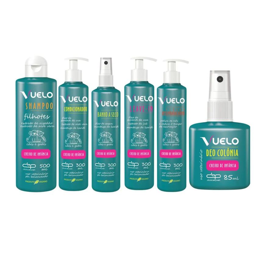 Dolce Pet Kit Shampoo Filhotes + Condicionador + Banho Á Seco + Leave-In + Fluido + Colônia Cheiro de Infância