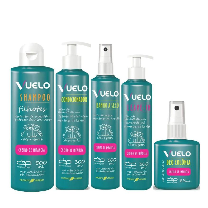 Dolce Pet Kit Shampoo Filhotes + Condicionador + Banho Á Seco + Leave-In + Deo Colônia Cheiro de Infância P/Cães e Gatos