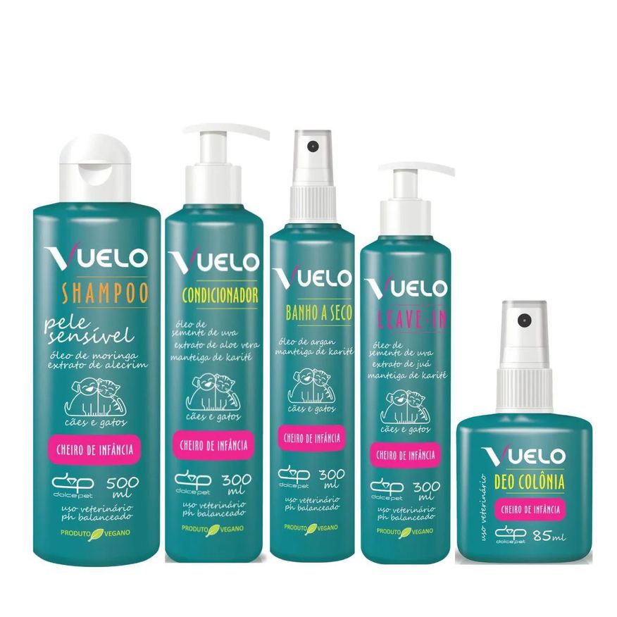 Dolce Pet Kit Shampoo Pele Sensível + Condicionador + Banho Á Seco +Leave-In+Deo Colônia Cheiro de Infância Cães e Gatos