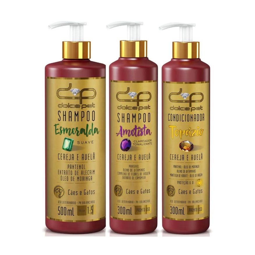 Dolce Kit Pet Shampoo Suave + Shampoo Clareador Tonalizante + Condicionador Topázio Cereja e Avelã para Cães e Gatos