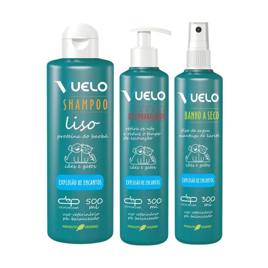 Vuelo Kit Shampoo Liso + Fluido Desembaraçador + Banho a Seco Explosão de Encantos para Cães e Gatos