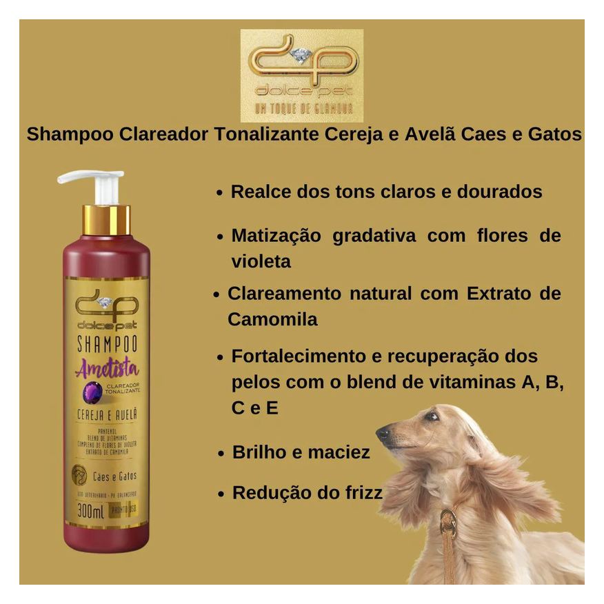Clareador Shampoo Tonalizante Cereja e Avelã Dolce Pet Cães e Gatos - 300ml