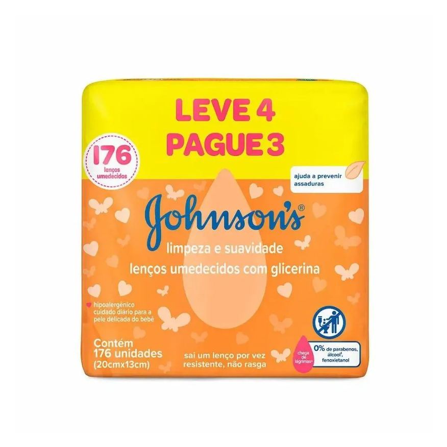 Johnson & Johnson Kit Lenços Umedecidos Johnson's Limpeza e Suavidade 4 Pacotes de 44 Unidades Cada