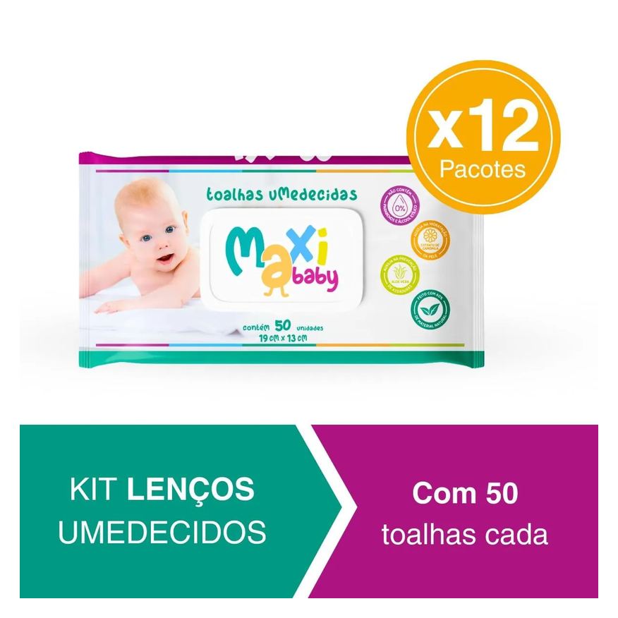 Maxi Baby Kit 12 Toalhas Umedecidas Hipoalergênico 50Un Cada