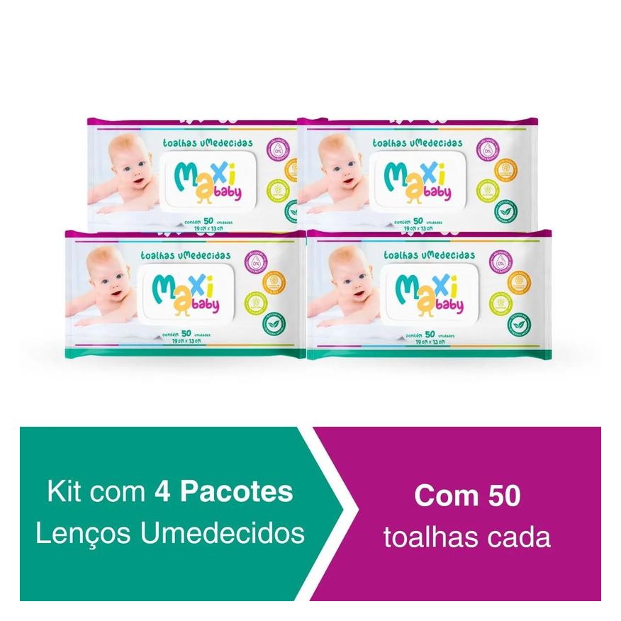 Maxi Baby Kit 4 Toalhas Umedecidas Hipoalergênico 50Un Cada