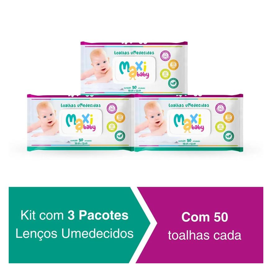 Maxi Baby Kit 3 Toalhas Umedecidas Hipoalergênico 50Un Cada