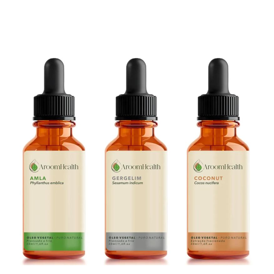 Aroom Health Kit de Óleos Vegetais Puro Natural – Amla, Gergelim e Coconut – 30ml Cada
