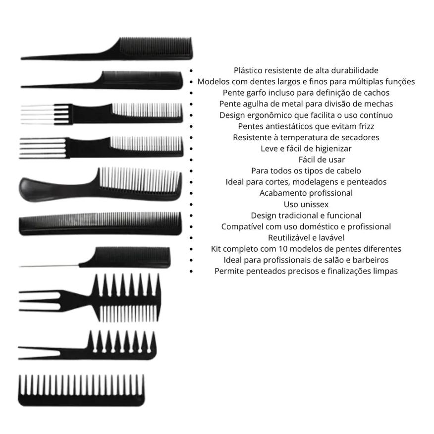 10 Kit Pentes Profissional Cabeleireiro Pente Fino Garfo Salão Barbeiro para Corte