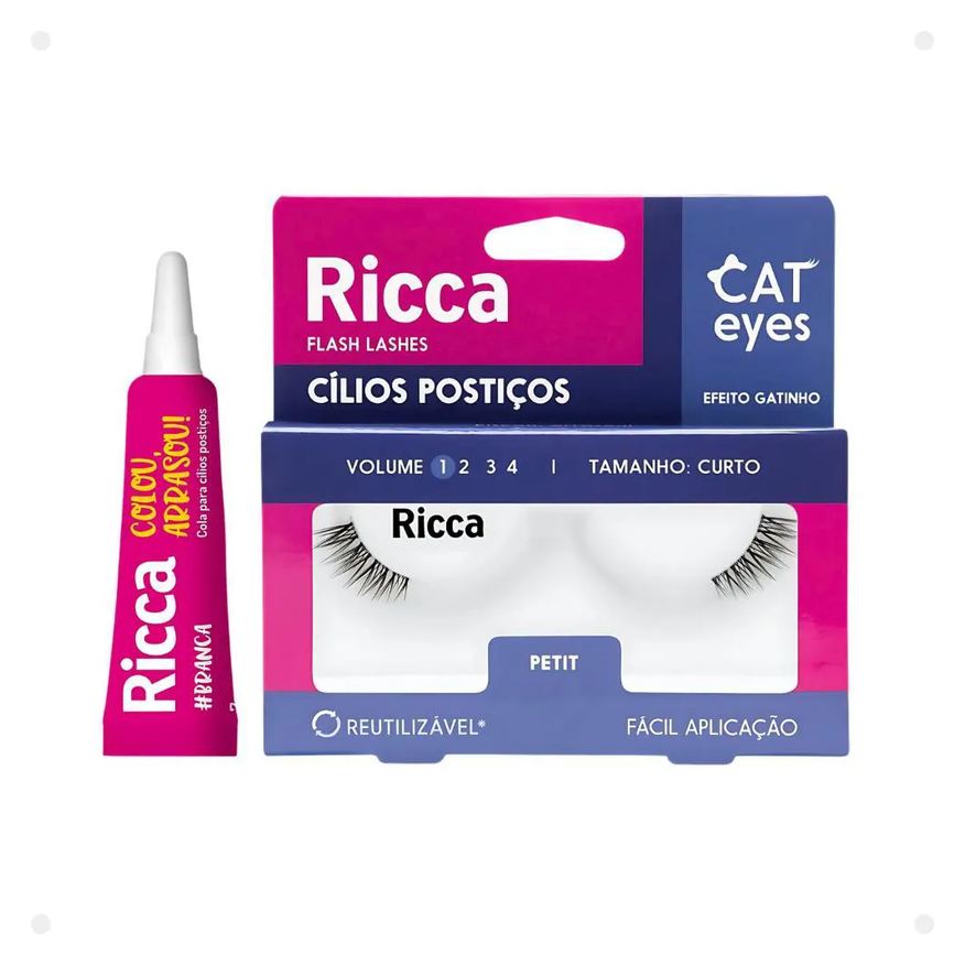Belliz Cílios Postiços + Cola Branca Ricca Cat Eyes Petit Vol:1 Curto