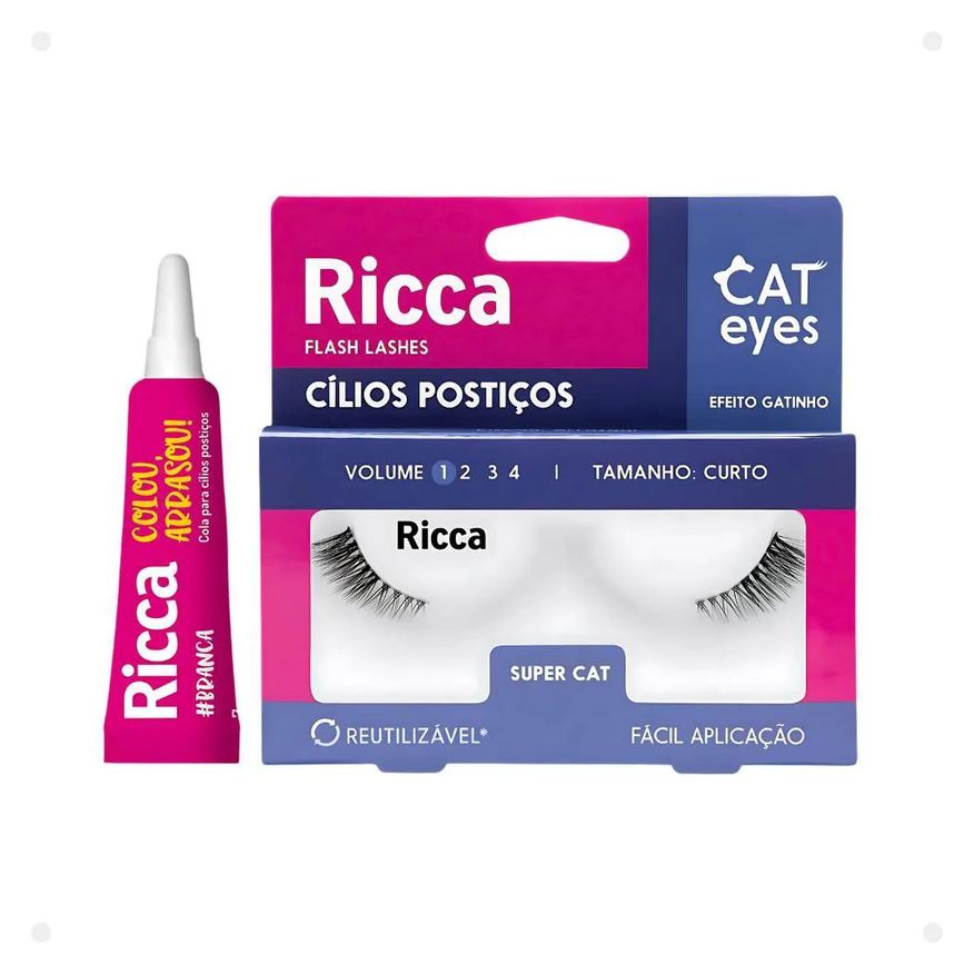 Belliz Cílios Postiços + Cola Branca Ricca Cat Eyes Super Cat Vol:1 Curto