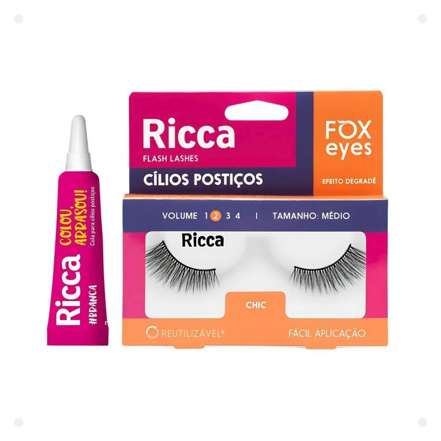 Belliz Cílios Postiços + Cola Branca Ricca Fox Eyes Chic Vol:2 Medio