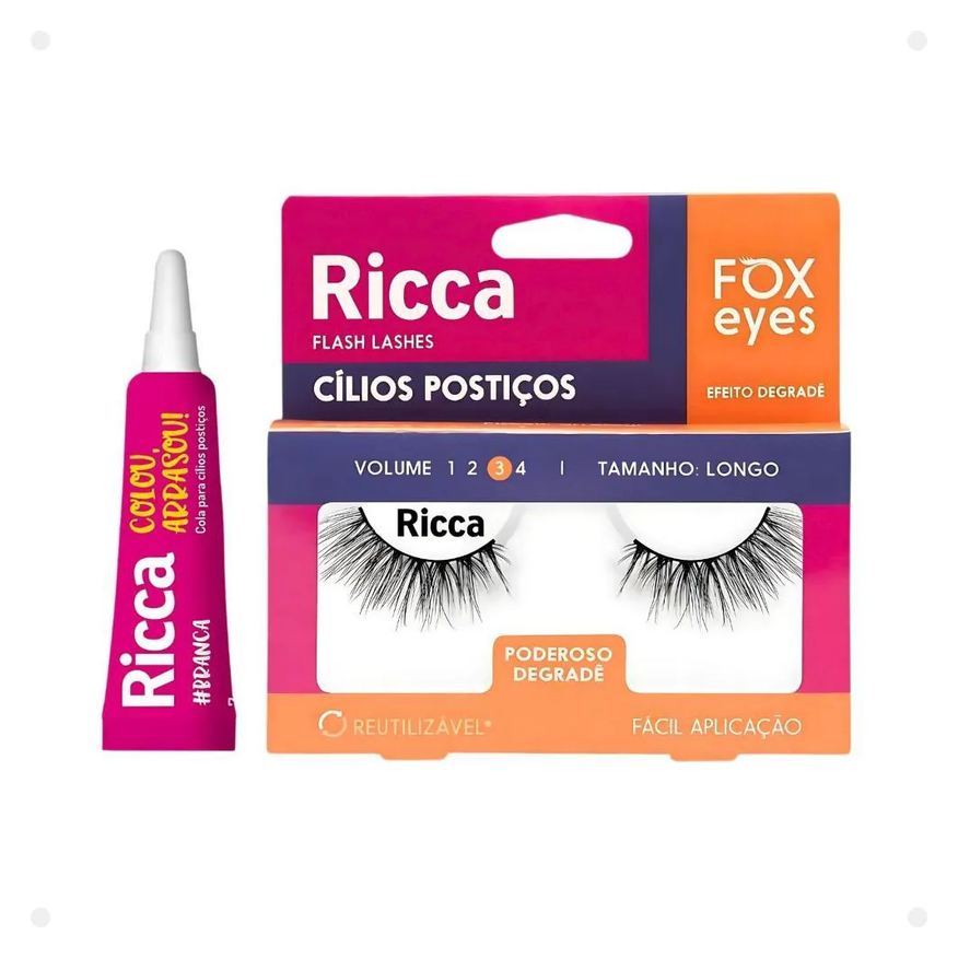 Belliz Cílios Postiços + Cola Branca Ricca Fox Eyes Poderoso Degradê Vol:3 Longo Cód.2693