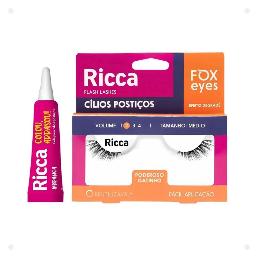 Belliz Cílios Postiços + Cola Branca Ricca Fox Eyes Poderoso Gatinho Vol:2 Médio Cód.2697