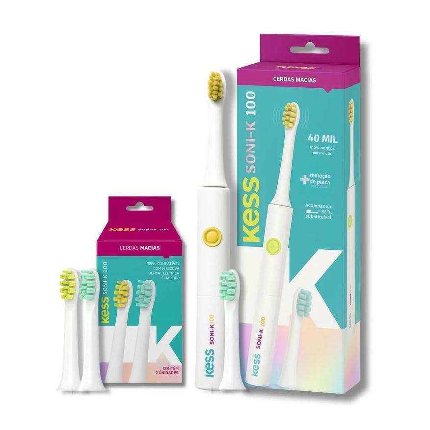 Kess Kit Belliz Soni-K 100: 1 Escova Dental Elétrica com 1 Refil + 2 Refis Extras (Total 3 Refis)