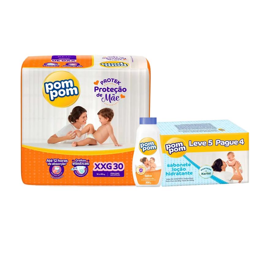 Chá Kit de Bebê Pom Pom Fralda XXG com Talco e Sabonete