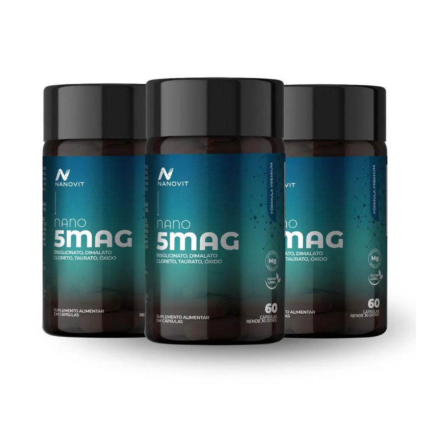 Nanovit Kit 3 Magnésio 5 em 1 – Dimalato, Bisglicinato, Cloreto, Taurato e Óxido, 60 Cápsulas Nano 5Mag
