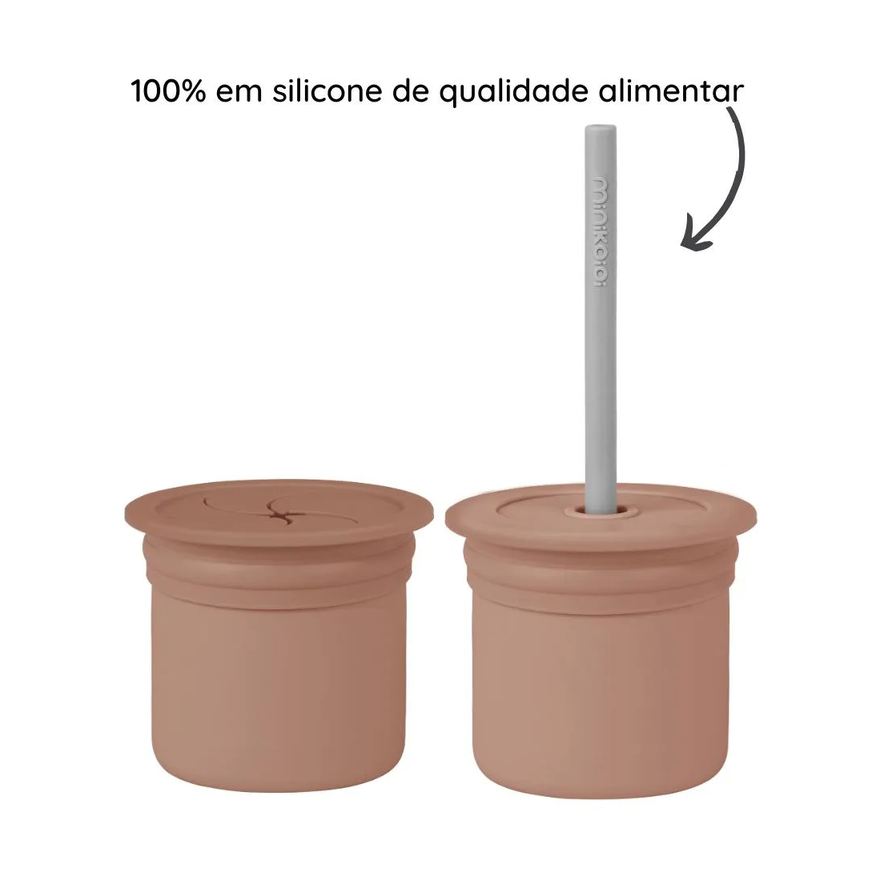 Minikoioi Conjunto Copo com Canudo + Tampa Snack Brown e Grey