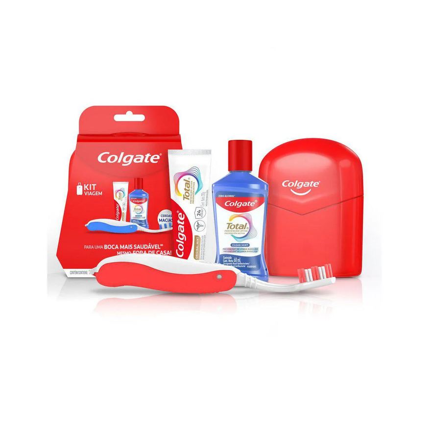 Colgate Kit Viagem Total Prevenção Ativa Enxaguante Bucal Sem Álcool 60ml + Pasta de Dente 30g + Escova de Dente