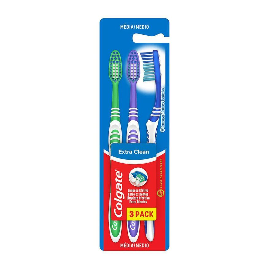 Colgate Escova de Dente Extra Clean Média com 3 unidades
