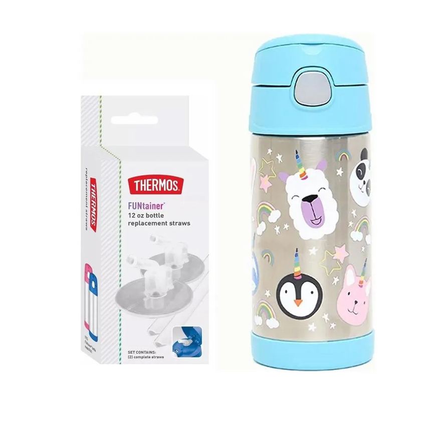Thermos Garrafinha Térmica Funtainer 355ml + Canudos Refil Animais