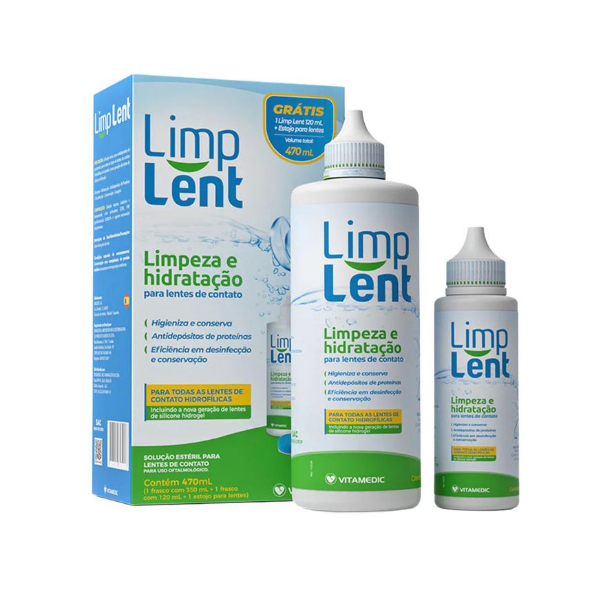 Limp Lent Kit Solução Estéril para Lentes de Contato com 1 frasco de 350ml + 1 frasco de 120ml + 1 estojo para lentes