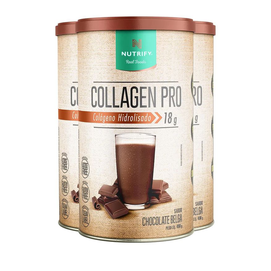Nutrify Kit 3 Collagen Pro Colágeno Hidrolisado Chocolate Belga 450g