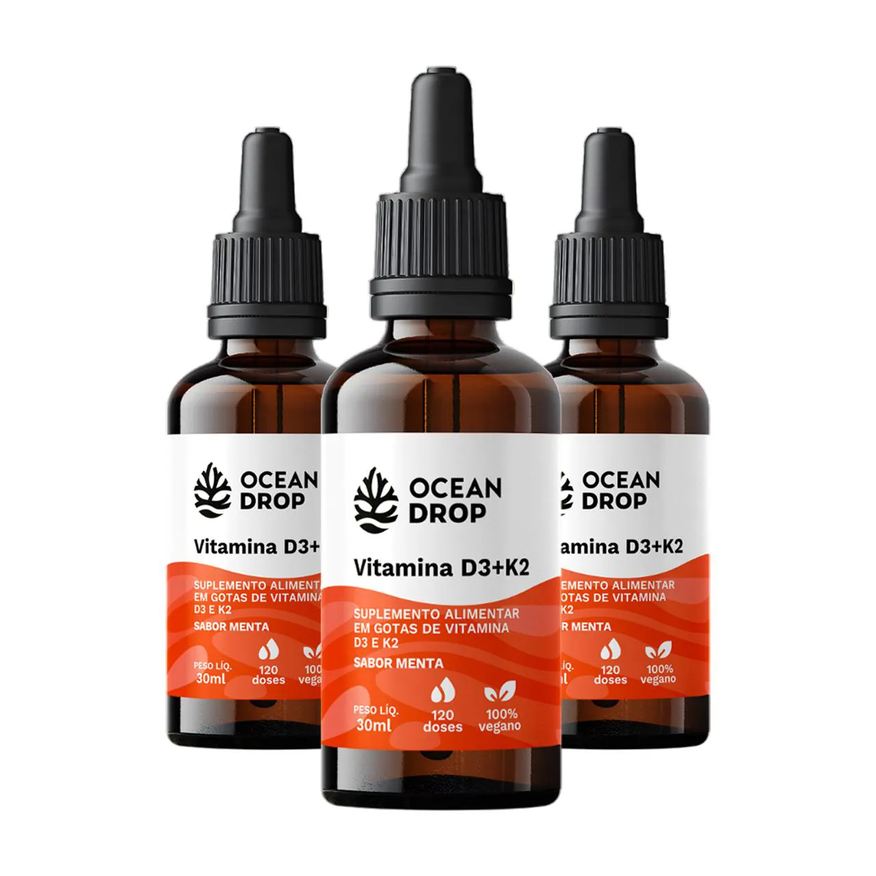 Ocean Drop Kit 3 Vitamina D3 + K2 em Gotas 30ml Sabor Menta