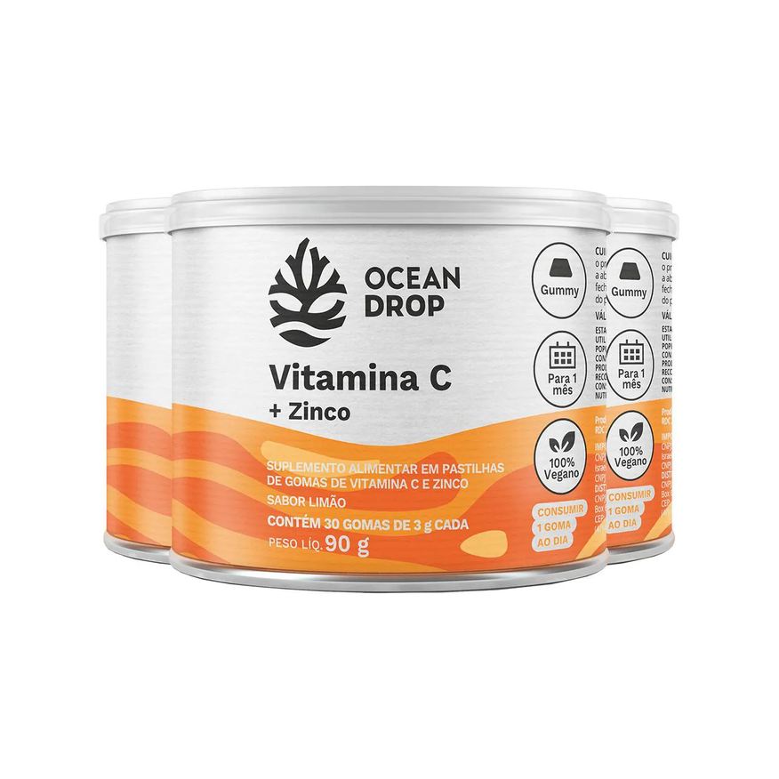 Ocean Drop Kit 3 Vitamina C + Zinco 30 Gomas Sabor Limão