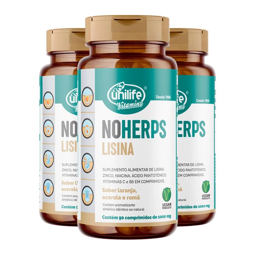 Unilife Kit 3 Noherps Lisina 1000mg 90 Comprimidos Laranja e Acerola