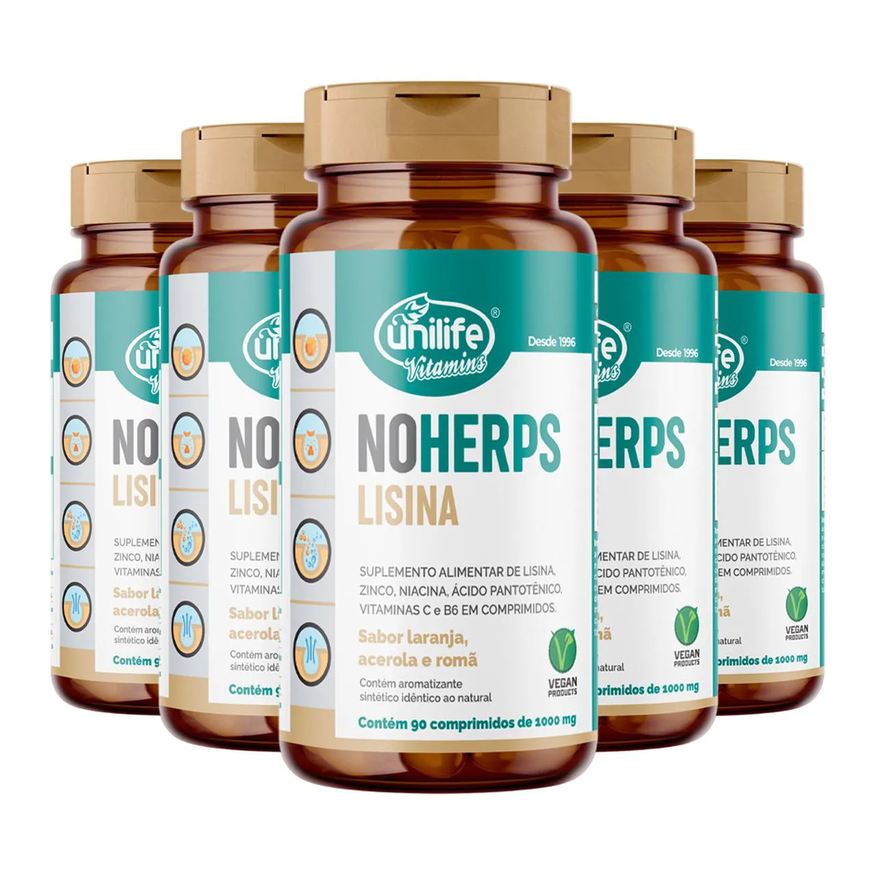 Unilife Kit 5 Noherps Lisina 1000mg 90 Comprimidos Laranja e Acerola