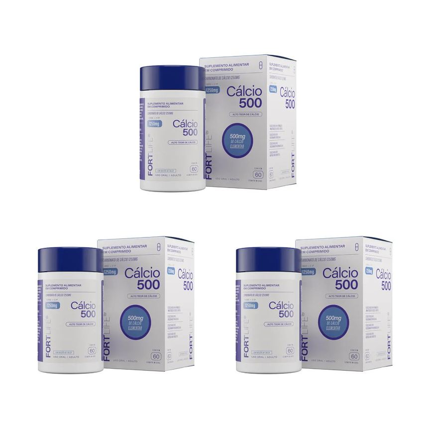 Fortlife Kit 3 Cálcio 500 - Carbonato de Cálcio 1250mg 60 Comprimidos