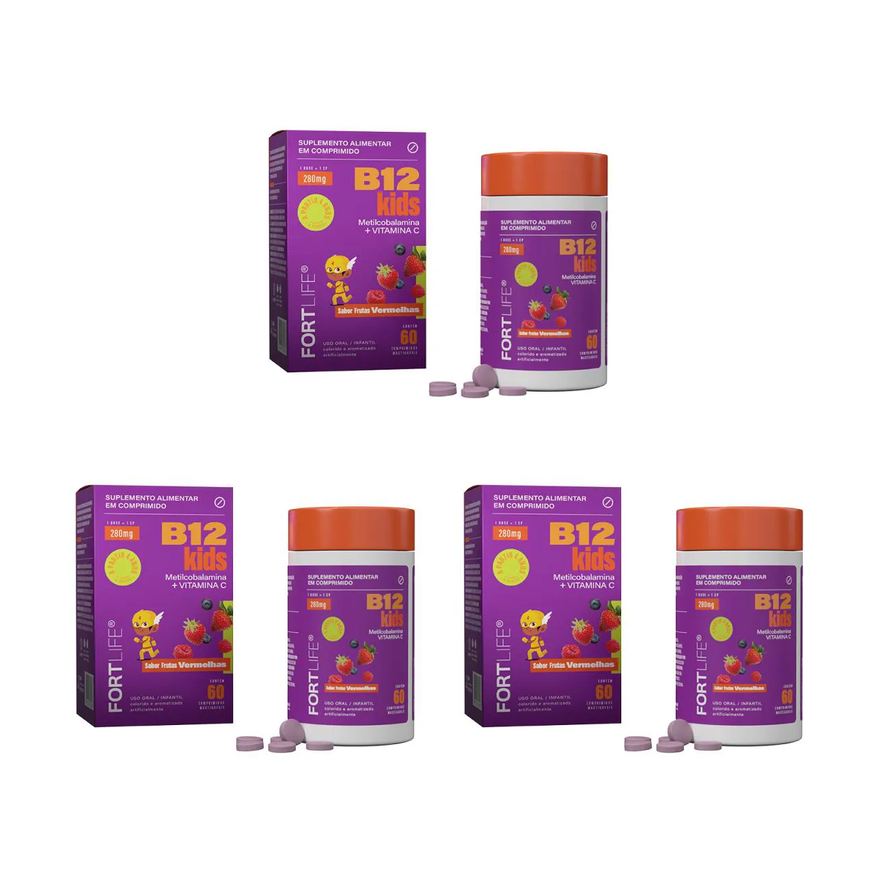 Fortlife Kit 3 Vitamina B12 Kids 280mg 60 Comprimidos Mastigáveis