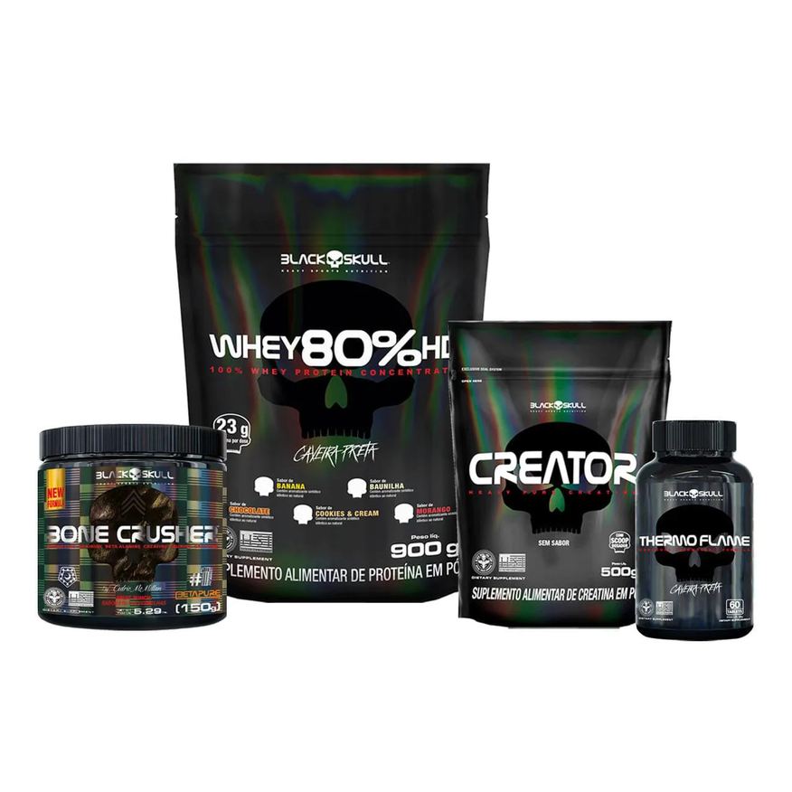 Black Skull Kit Whey 80% Hd + Creator 500g + Thermo Flame 60 Tabs + Pré-Treino Bone Crusher Fruit Punch 150g - NA NA Chocolate