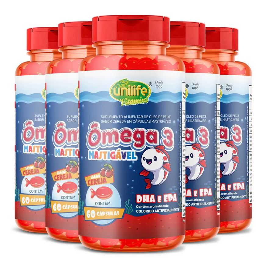 Unilife Kit 5 Ômega 3 Kids Mastigável Cereja 60 Cápsulas