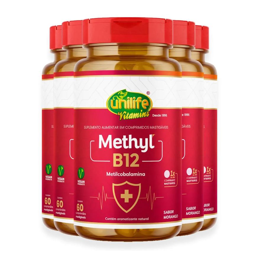 Unilife Kit 5 Vitamina Methyl B12 Morango 60 Comprimidos