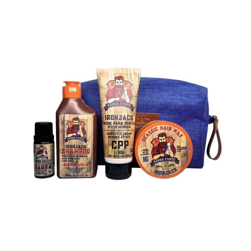 Barba Forte Kit Viagem Ironjack (4 Produtos + Nécessaire)